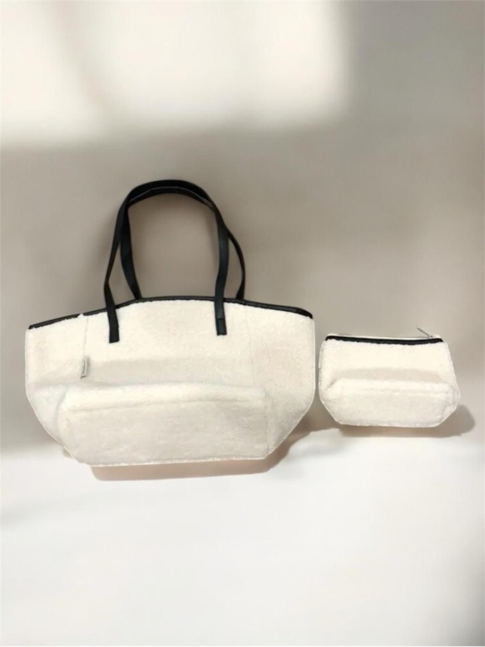 NEW Neiman Marcus Faux Sherpa Cream and Black Tote Bag + Pouch